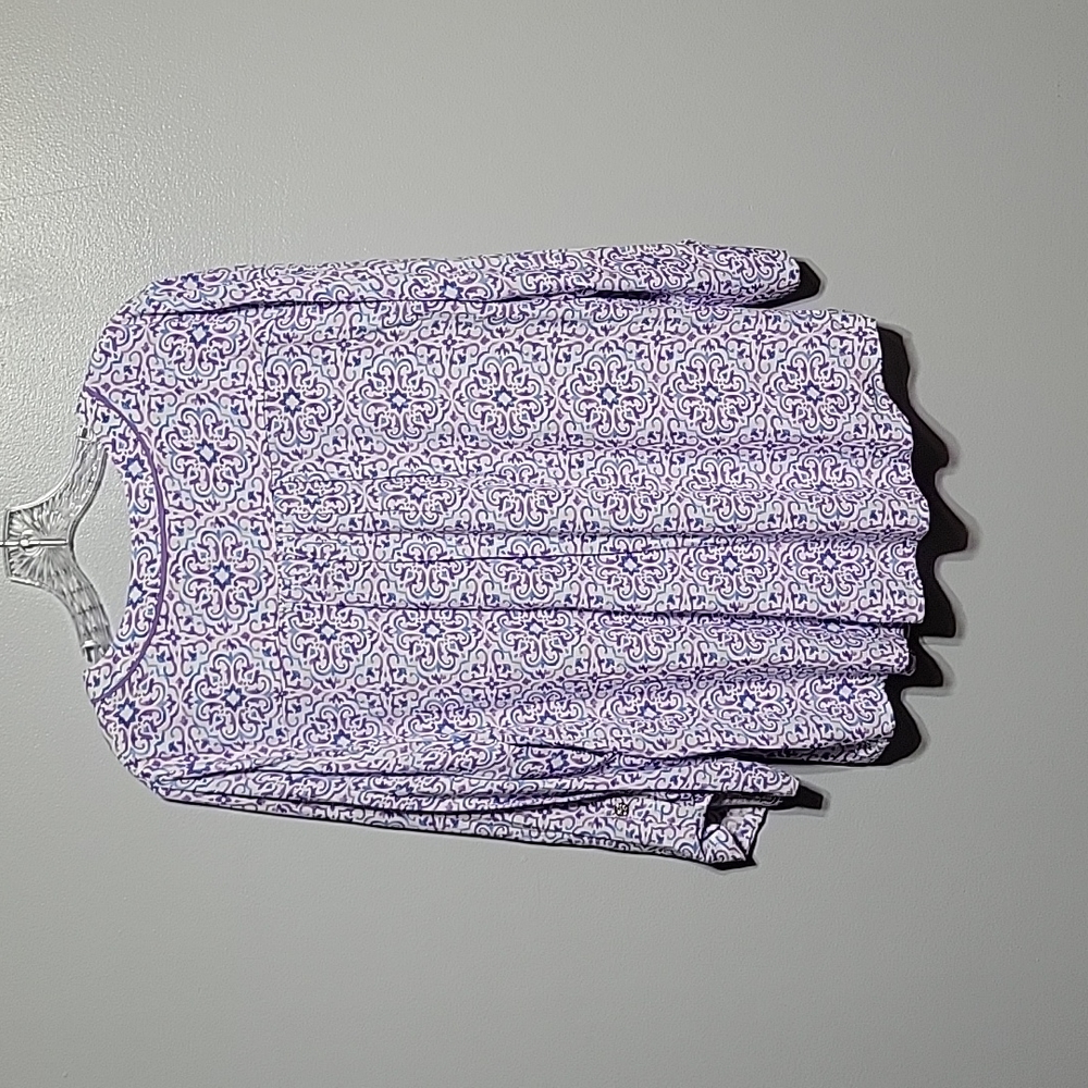 Emily Daniels Purple Patterned blouse - Sz L - Coastal Grandma, Pleated, Layered - Picture 4 of 8